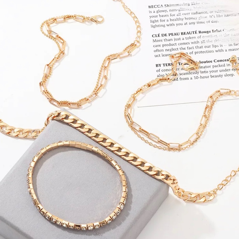 Gold Chain & Rhinestone Anklet Set - Picture 3 of 6